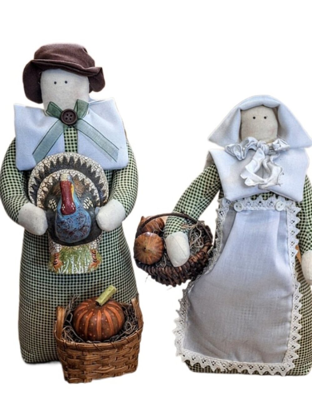 Vintage Thanksgiving Folk Art Pilgrim Couple w Basket and Turkey Centerpiece
